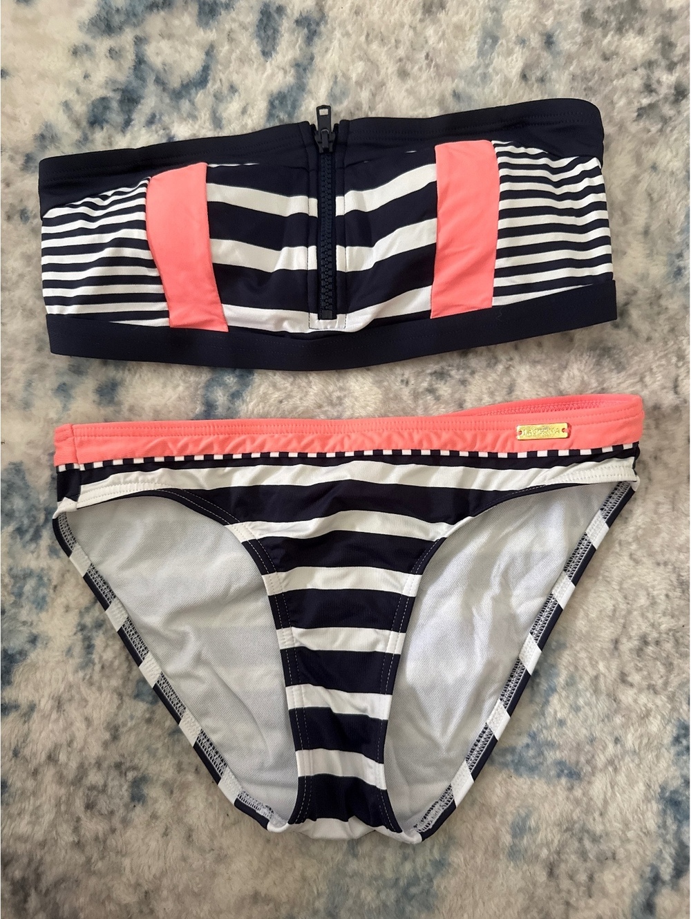 Lascana for Venus Bikini Strapless Navy Coral Stripes Size 2 Top & Bottom EUC